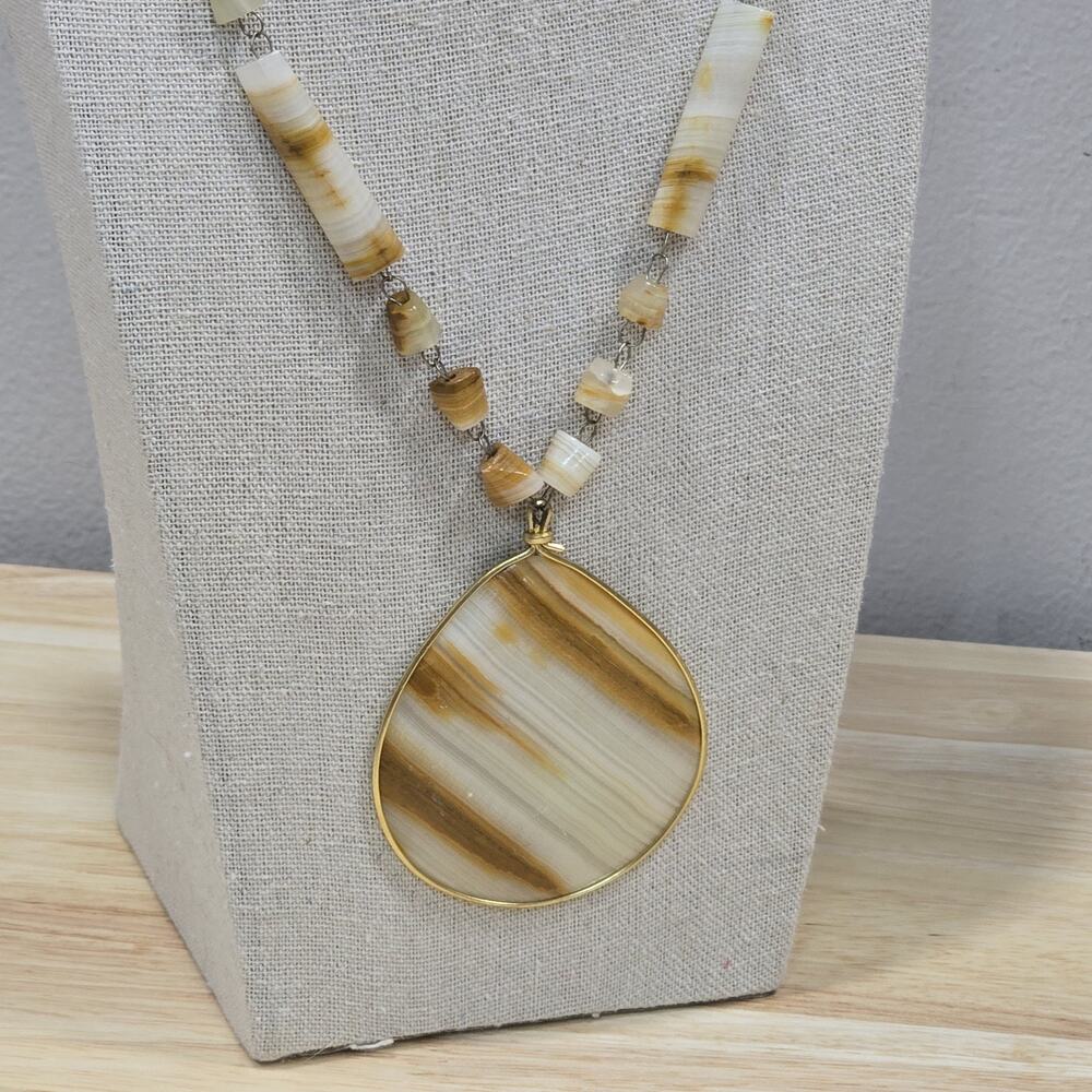 Retro Vintage White Yellow Onyx Mexican Agate Beaded Chain Pendant Necklace - Picture 2 of 12